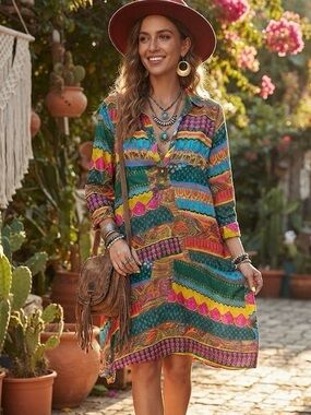 Chique Colorful Patchwork Paisley 100% Viscose Midi Dress Boho Vibrant Hippie